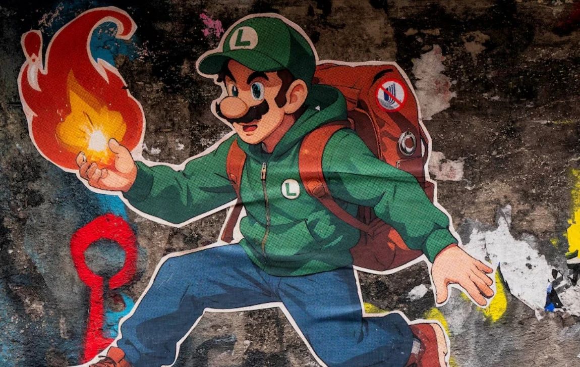 Luigi Mangione化身超级马里奥的插画卡通图