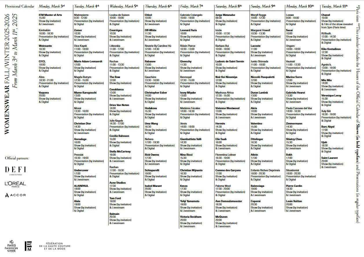 巴黎时装周日历 2025 年 3 月 3 日至 11 日 - FHCM