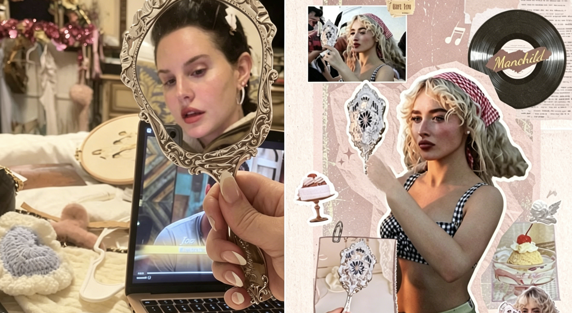 Lana Del Rey曾在社交平台推荐花知晓(左)Sabrina Carpenter在MV后台被拍到使用花知晓“Little Angel”系列镜子(右) Lana Del Rey曾在社交平台推荐花知晓(左)Sabrina Carpenter在MV后台被拍到使用花知晓“Little Angel”系列镜子(右)