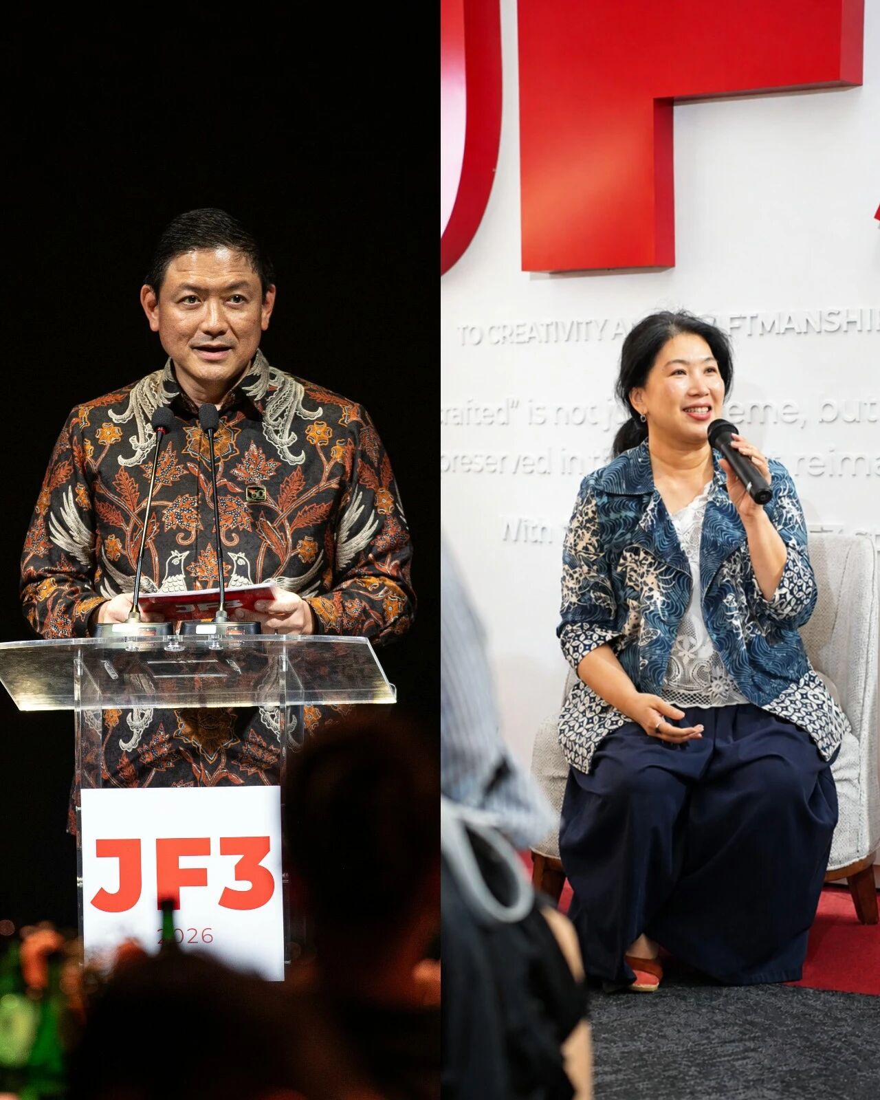 JF3主席、PINTU项目联合发起人Soegianto Nagaria 梁宗源先生（左）LAKON Indonesia创始人、JF3时尚节顾问、PINTU项目联合发起人Thresia Mareta 邓芳芳女士（右）